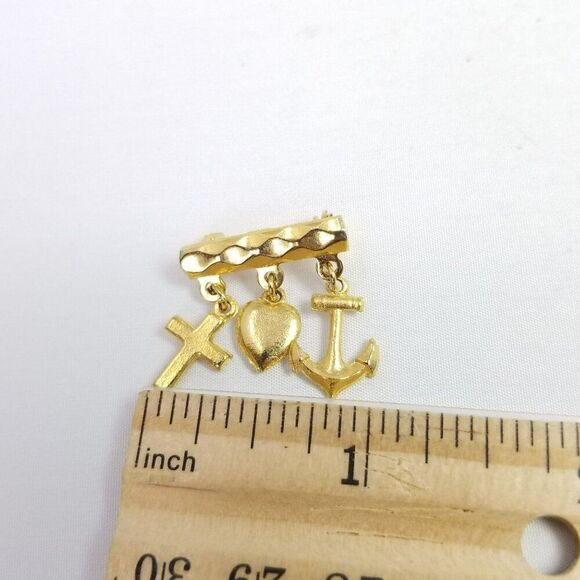 Vintage Anchor Heart Cross Charm Brooch, Gold Tone, Faith Hope Love, Religious - Picture 6 of 8